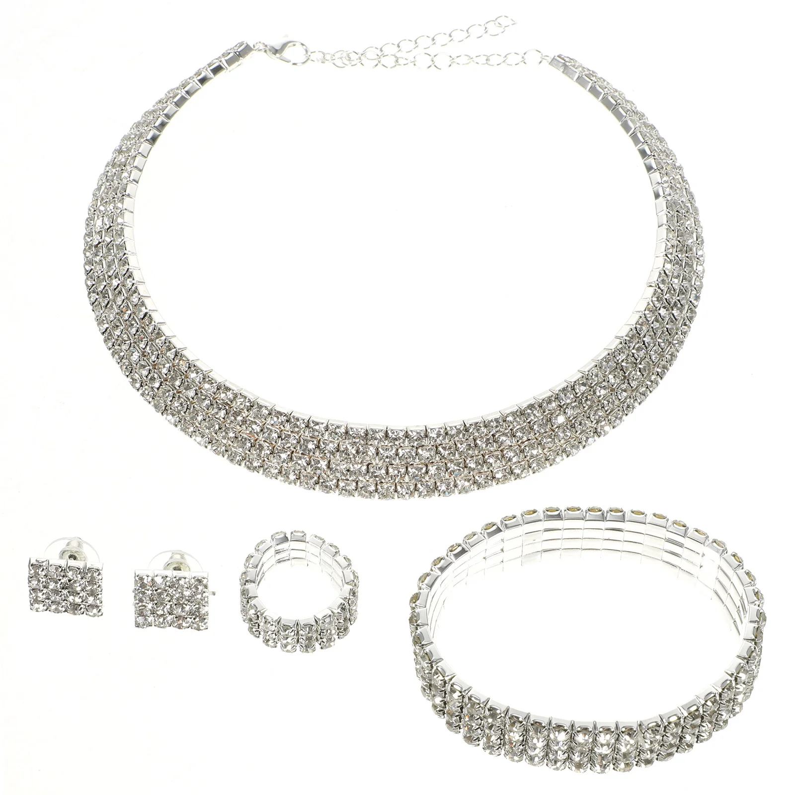

1Set Rhinestone Jewelry Set Women Necklace Earrings Bracelet Finger Ring Bridal Wedding Evening Party Gift Bride Jewelries