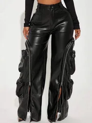 BKQU Spliced Zipper Detachable Pockets Leather Pants Women High Waist Fashion Loose Hip Hop Cargo PU Straight Trousers 2025 New