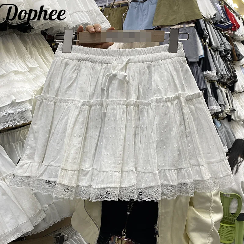 Dophee Korea All-match Ruffles Lace Cake Skirt 2025 New Spring Summer All-match Elastic High Waist White Princess A-line Skirt