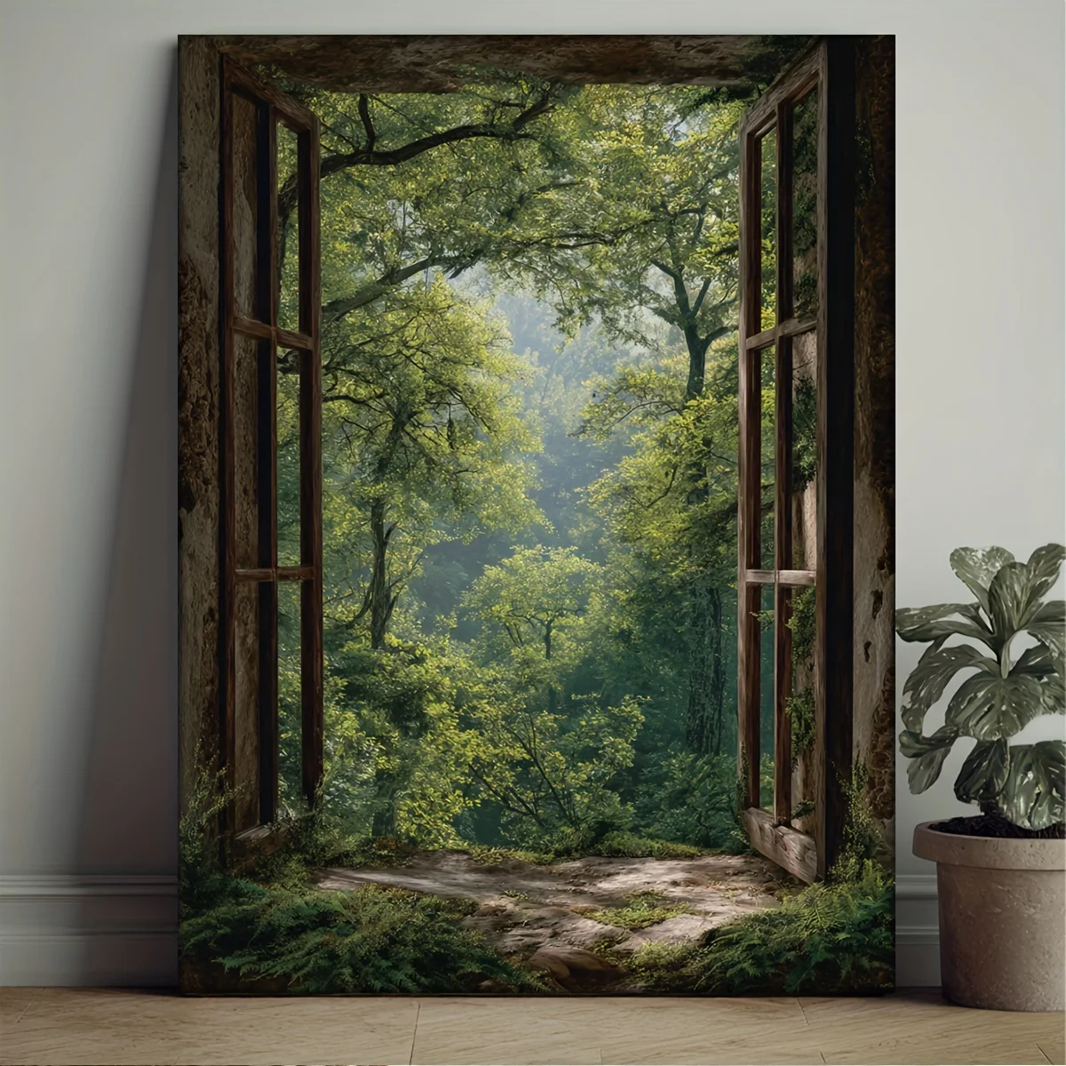 1pc Framed Manga-Style Forest View Wall Art - Square Canvas Painting with Wrap-Around Wood Frame Suitable for, Office Decor -