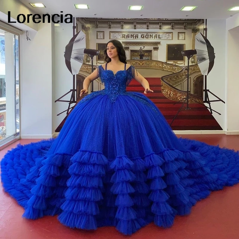 

Lorencia Gillter Royal Blue Quinceanera Платье с открытыми плечами и аппликацией из бисера и оборками со складками Sweet 16, Vestidos De 15 Años YQD749