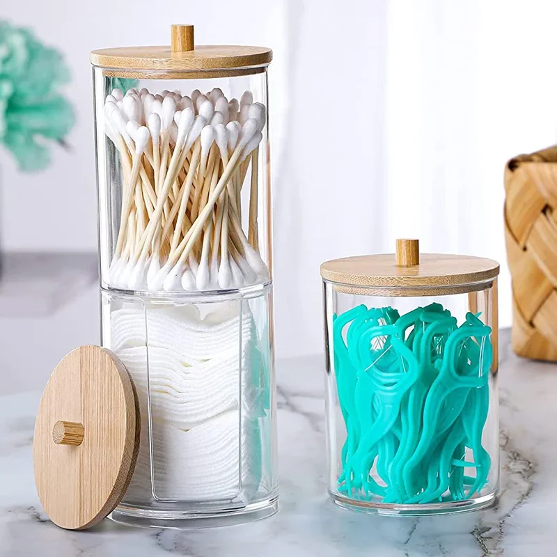 Cotton Swab Storage Box with Bamboo Lid Portable Dustproof Dental Floss Toothpick Storage Jar Makeup Powder Puff Tool Box