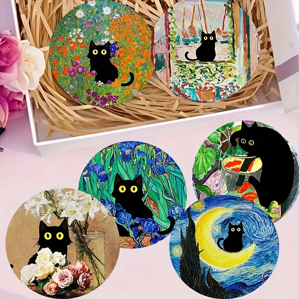 6PCS 2D Dark Feline Motif Wooden Cup Mat Creative Pattern Ideal for Brews Household Dining Ornament Festive Present Moving Gift