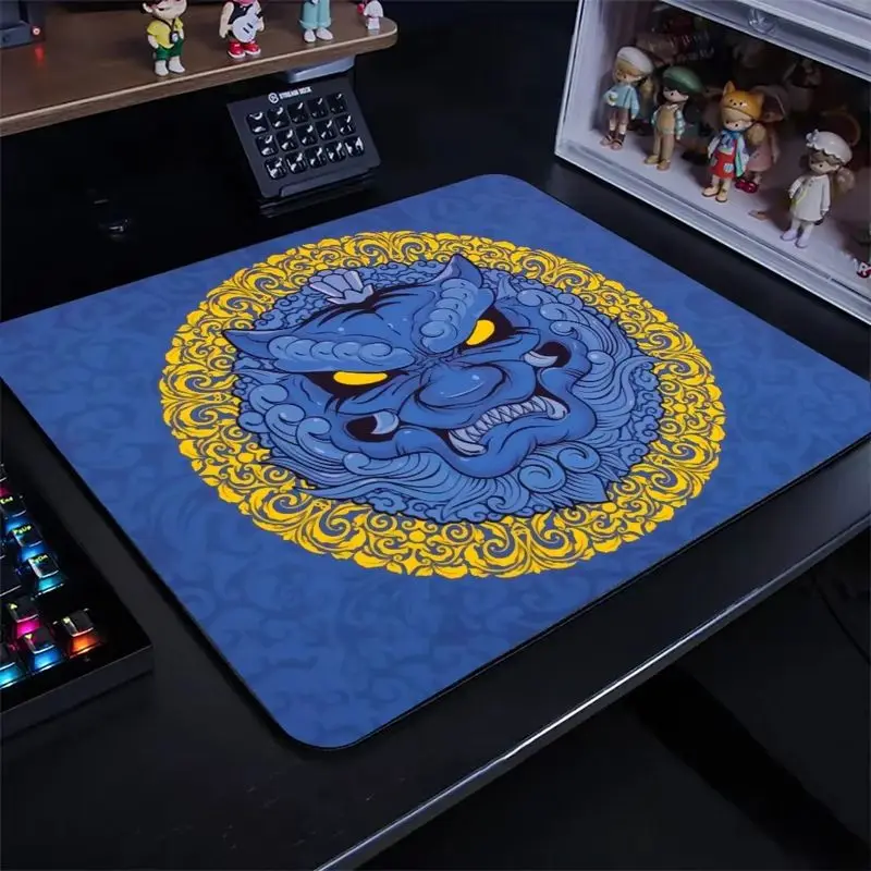 VIKAMA Chinese Guardian Lion Mouse Pad Blue Gold Traditional Pattern Large Desk Mat Non Slip Rubber Gaming Office Laptop Decor
