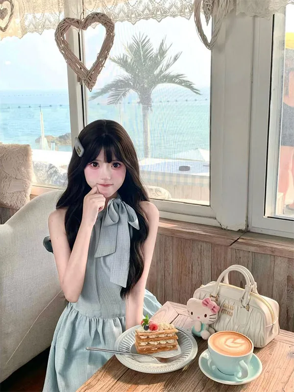 

Fashionable Summer Blue Short Dress Women's Neck Hanging Design Knot Slimming A-Line Skirt Casual Style Casual Wear