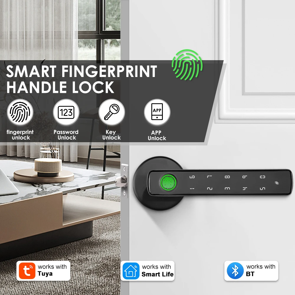 YFK Smart Life Door Lock 4 in 1 Fingerprint Lock Bluetooth Tuya APP Remote Unlock Anti-peep Password Temporary Passcode Quiet Mode Durable Electronic Lock for Home Bedroom Office Hotel Interior Door