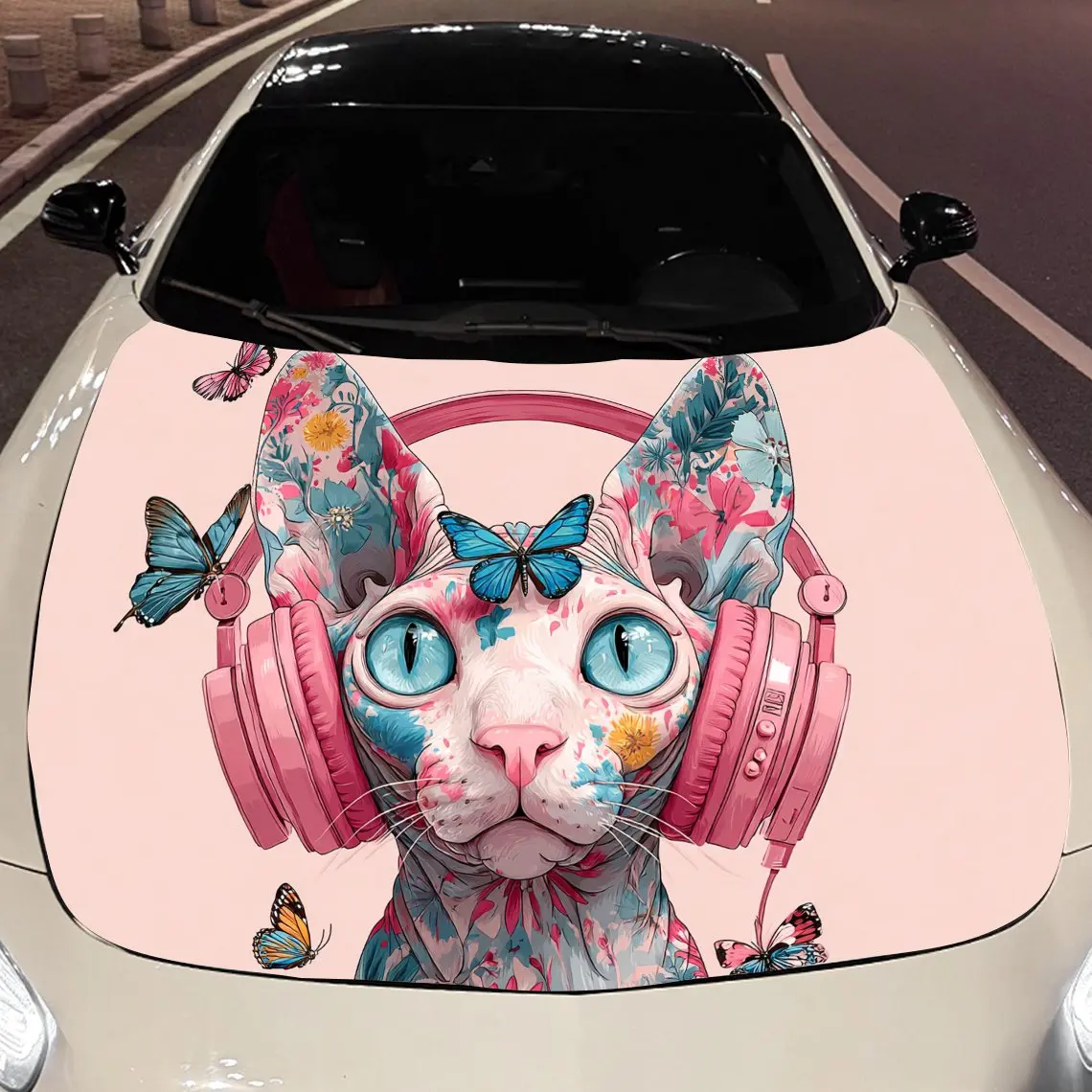 Butterfly Kitten with Pink Headphones Car Hood Vinyl Stickers Car Surface Protection Decal Car Decoration Cover Vinyl Wraps Wate