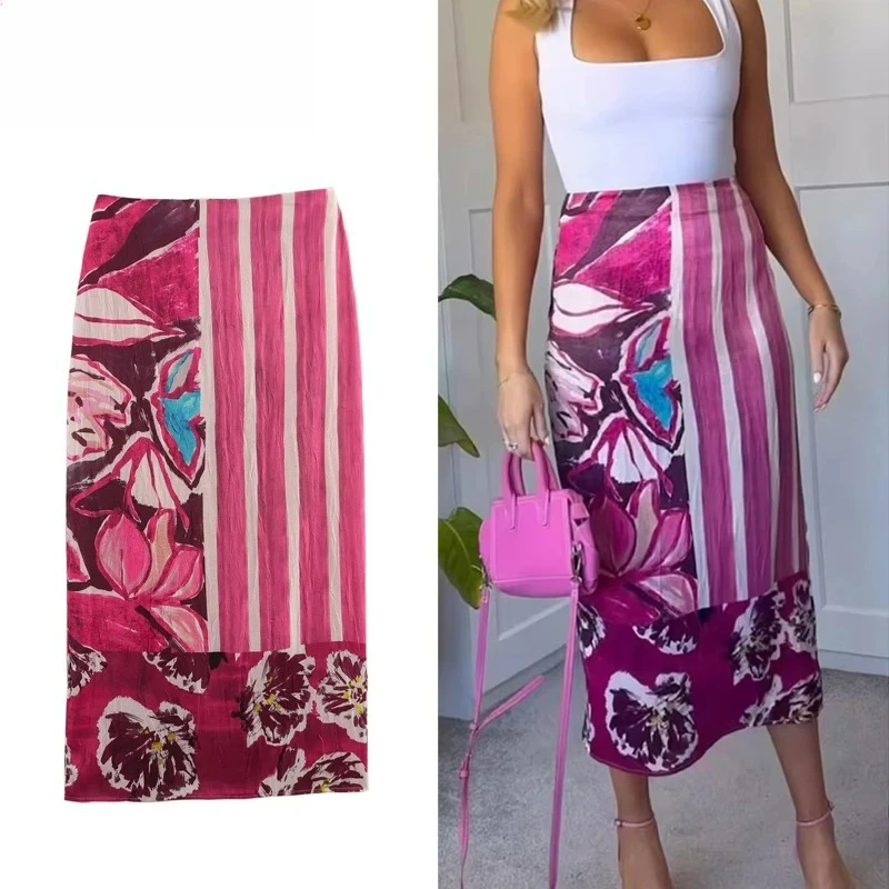 

Print Satin Long Skirts for Women High Waist Midi Skirt Woman Summer Straight Women's Skirt Cylinder Vintage Woman Skirt