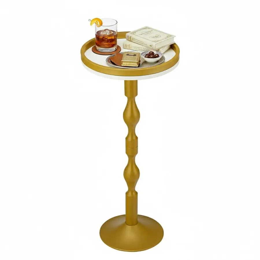 

Round Gold Side Table,Drink Table with Weighted Base,Modern White amp Gold Pedestal End Table with Tray Top Edge for Small Space