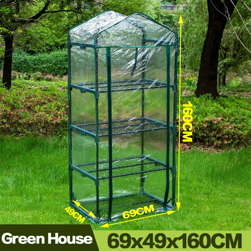 69x49x160CM 4-Tier Garden Green House Waterproof Zipper Warm Plants Flowers Insulation (With Iron Stand)