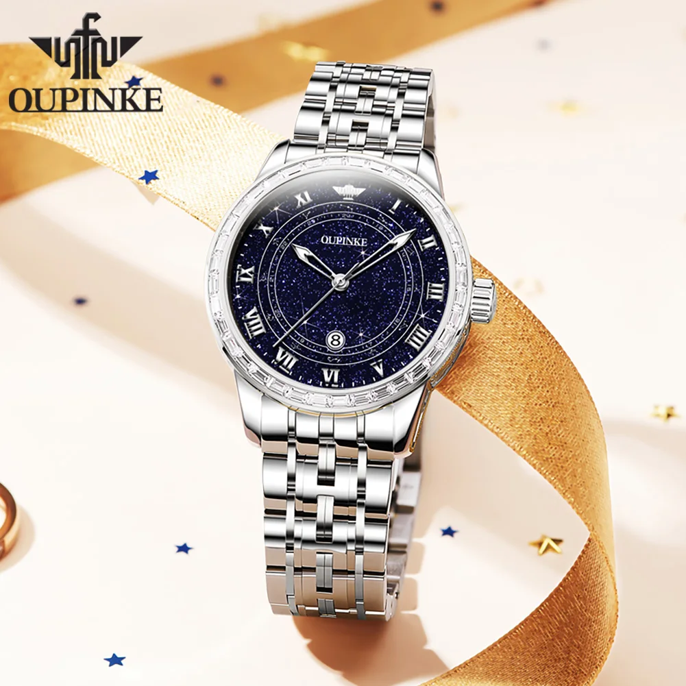 OUPINKE ساعات نسائية 3203L فاخرة أنيقة مرصعة بالنجوم ليلة ضوء الهاتفي الأصلي ساعة ميكانيكية أوتوماتيكية لسيدة الياقوت مرآة