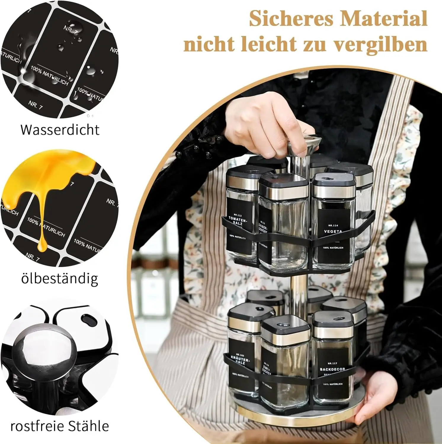 SAEIV 2-Schicht 360 ° Drehbarer Edelstahl-Gewürzständer mit 12 120 ml Gewürzgläsern mit Drehdeckeln, für Einfachen Zugriff auf Gewürze – Detail 6
