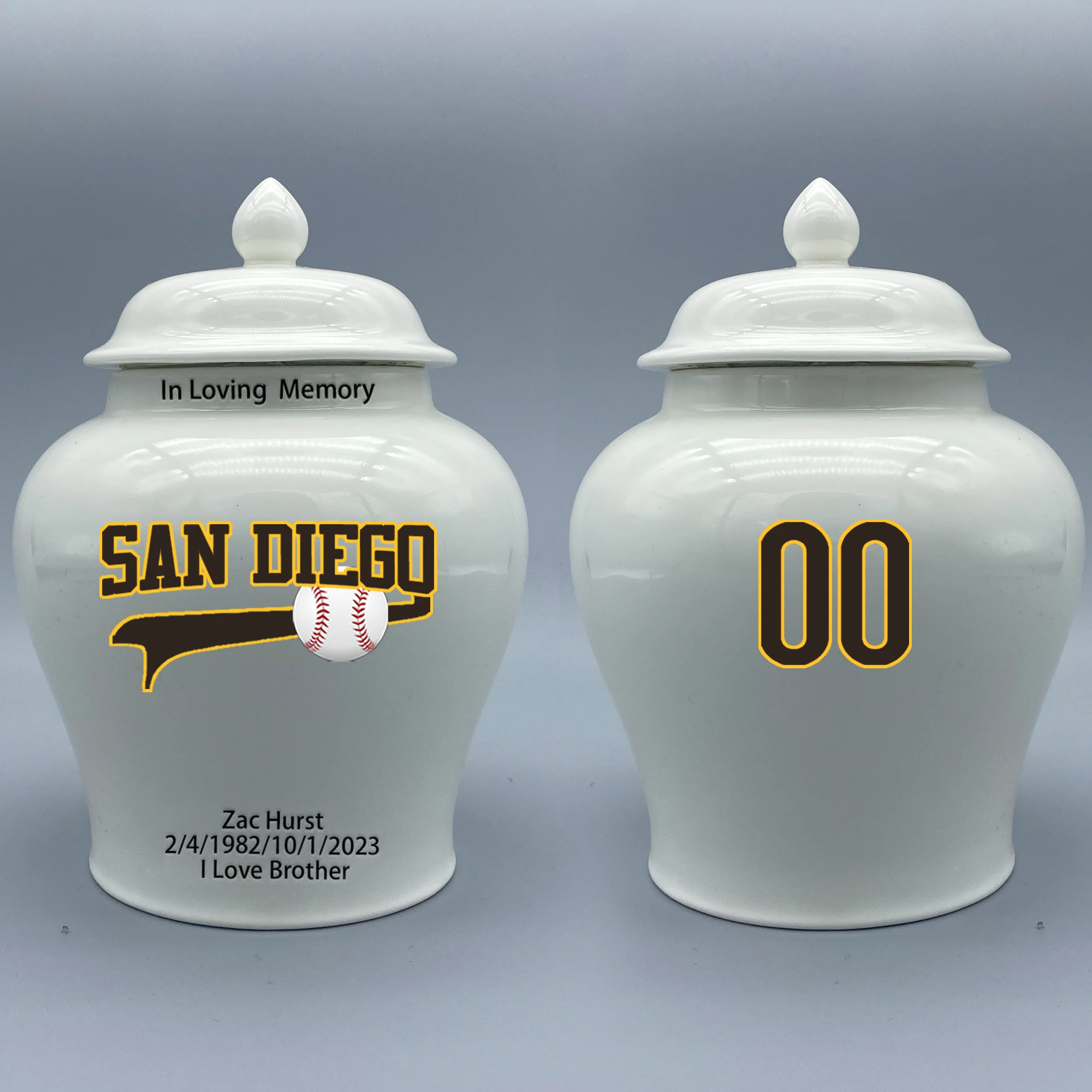 

Medium Urn for San Diego Padres-themed Logo Urn.Please send me the customize information-name/date and number on the urn