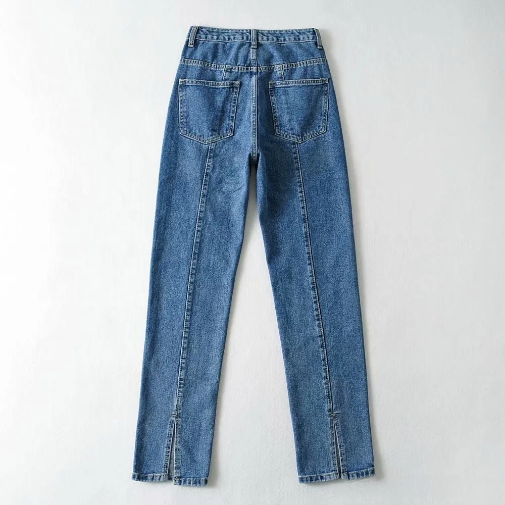 

Женские джинсовые джинсы с высокой талией, осенние новые потертые длинные брюки с боковым разрезом, утягивающие джинсовые брюки длиной до пола