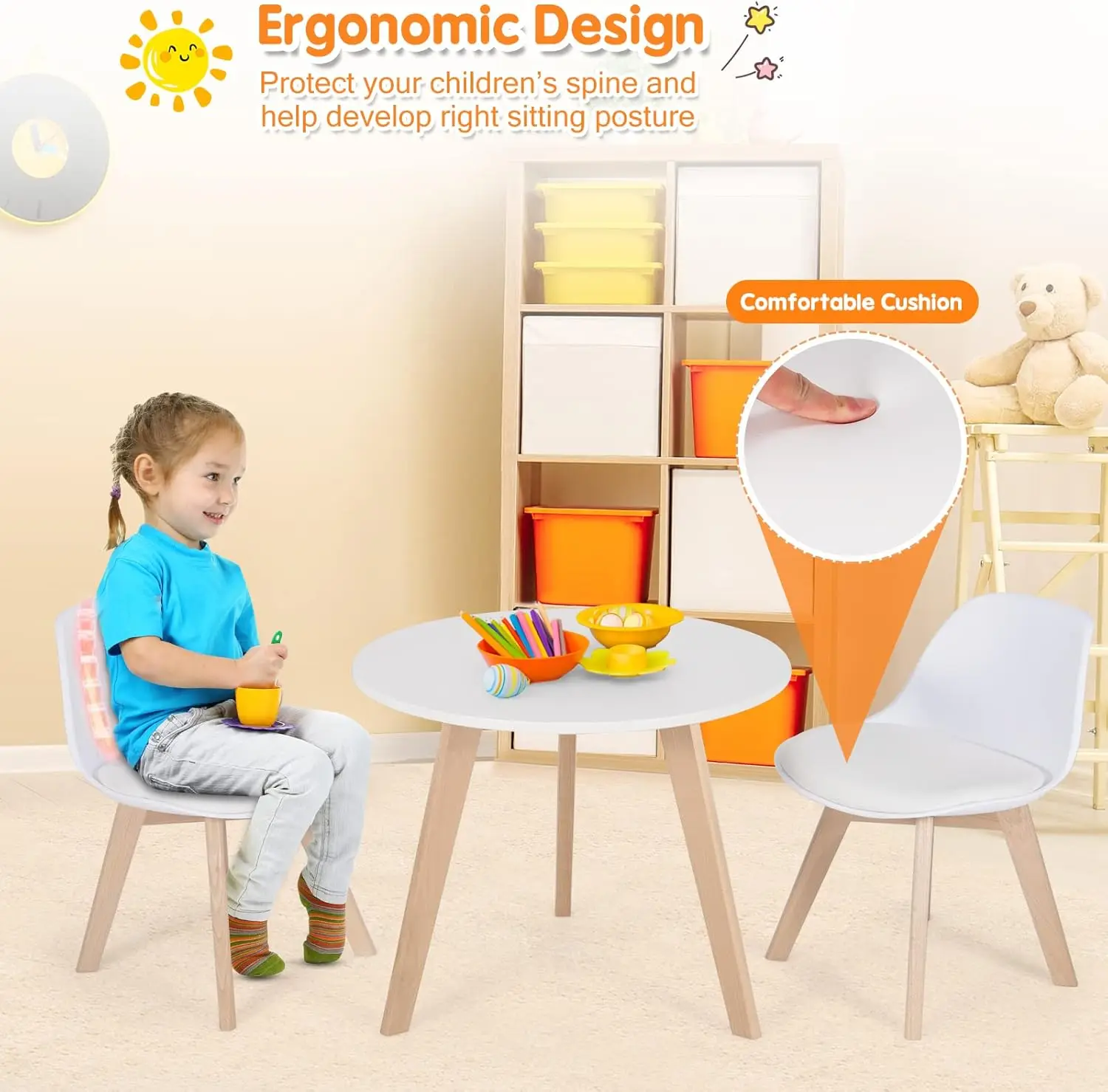 Juego de mesa y sillas para niños, mesa de juego de actividades de madera de 3 piezas con asiento acolchado y patas de madera para artes, manualidades, lectura, preescolar, guardería