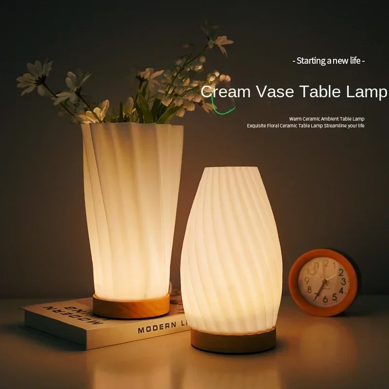 

Hree-color Toning Table Lamps for Bedroom RoomDecor Cream Wind Table AdvancedSenseStudy Atmosphere Control Night Retro Vase Lamp