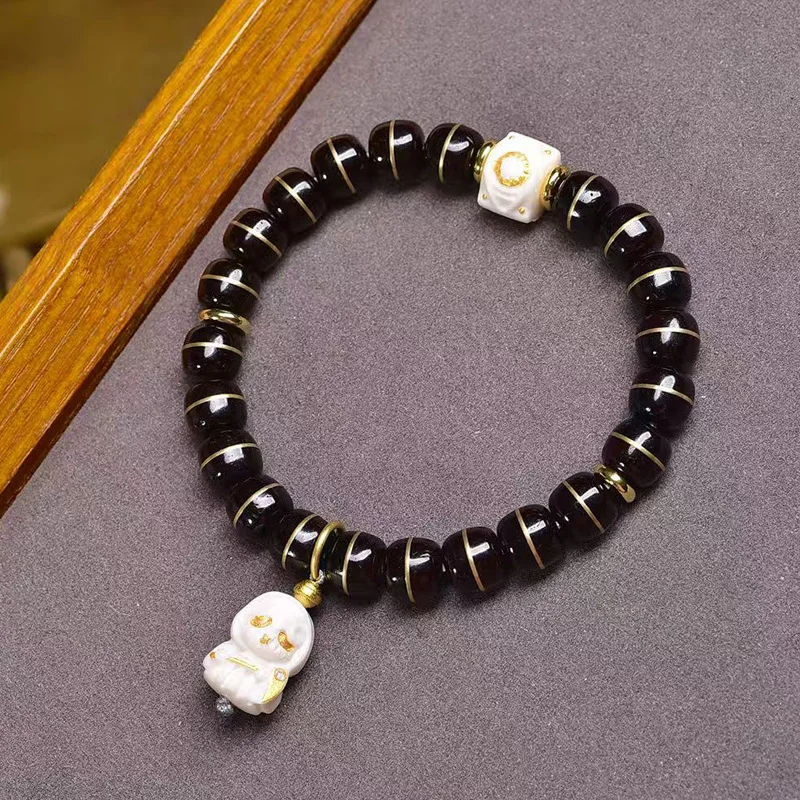 

Natural Black Gold Coconut Husk Copper Bracelet with Single-Circle Agate Triple-Prong Pendant Cultured Stone Accessory Bracelet