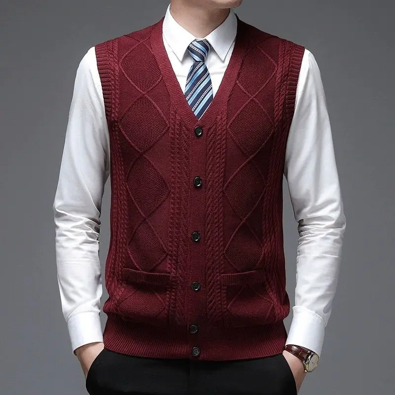 

Мужской вязаный жилет без рукавов с v-образным вырезом на пуговицах, осень-зима, свободная повседневная верхняя одежда, чистый цвет