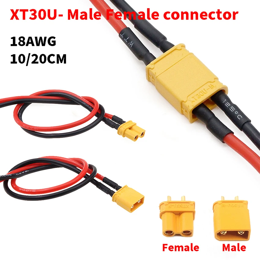 

XT30 Pigtail Plug Male and Female Connector with 10/20mm 18AWG Tinned Wire Cable for model aircraft and lithium battery plugs
