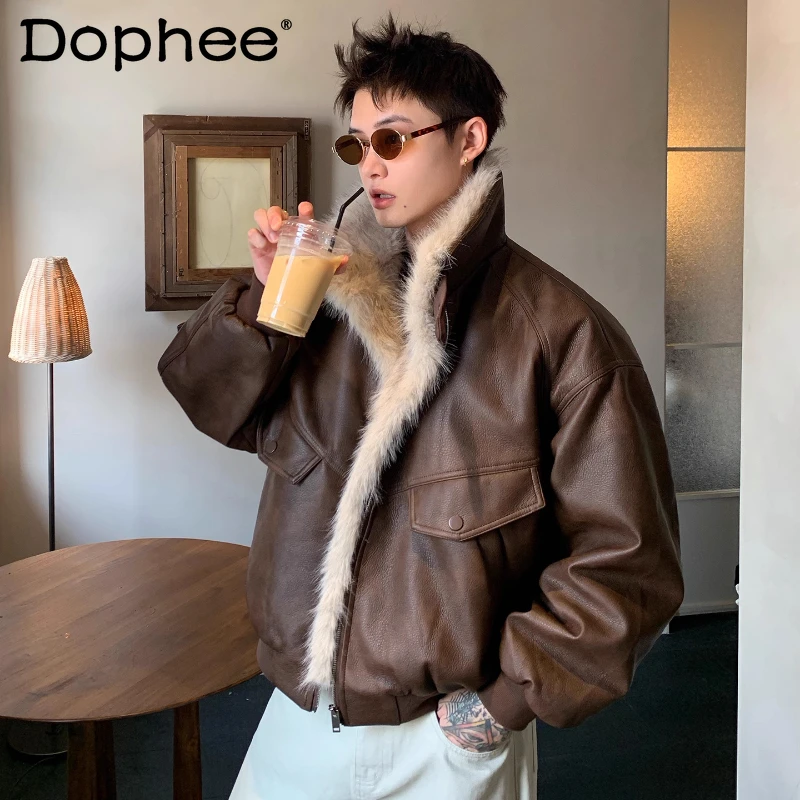

2025 Men's Winter New American Style Retro Faux Fur Collar High-End PU Leather Jackets High Street Handsome Loose Comfort Parkas