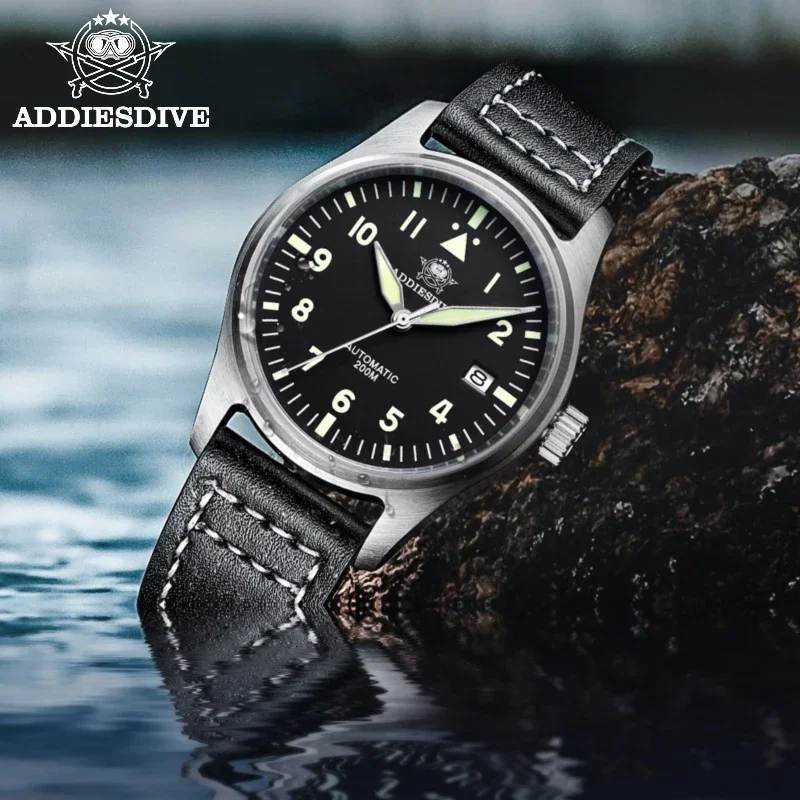 Addiesdive relógio automático nh35 movimento c3 data luminosa mostrador preto 39mm vidro safira à prova dwaterproof água clássico 200m relógios de mergulho