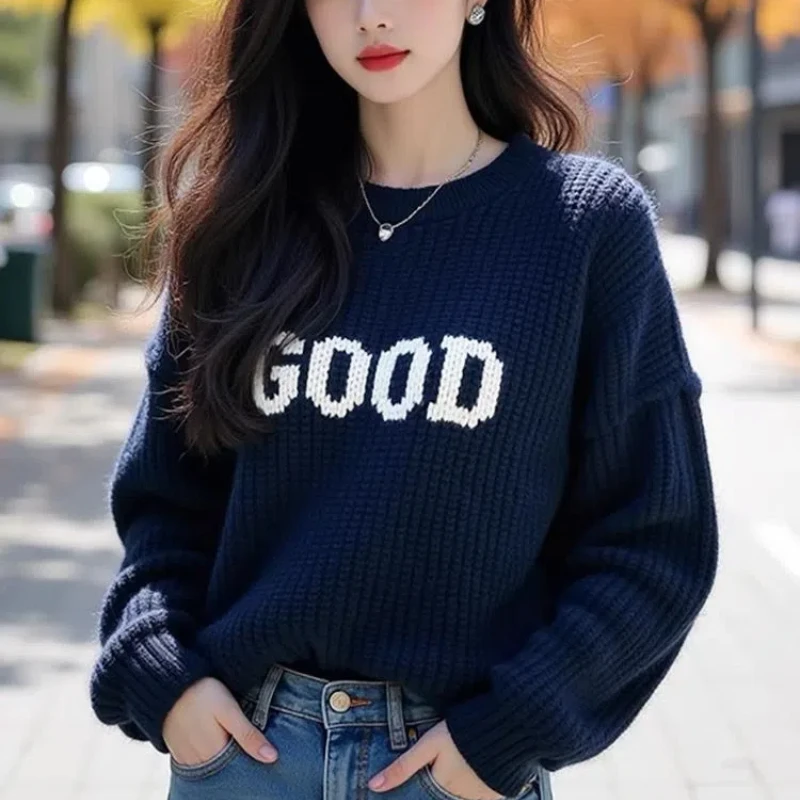 Deep Blue Letter Thick Thread Sweater for Women with a Lazy and High-end Feel Unique Heavy-duty Knitted Sweater Top