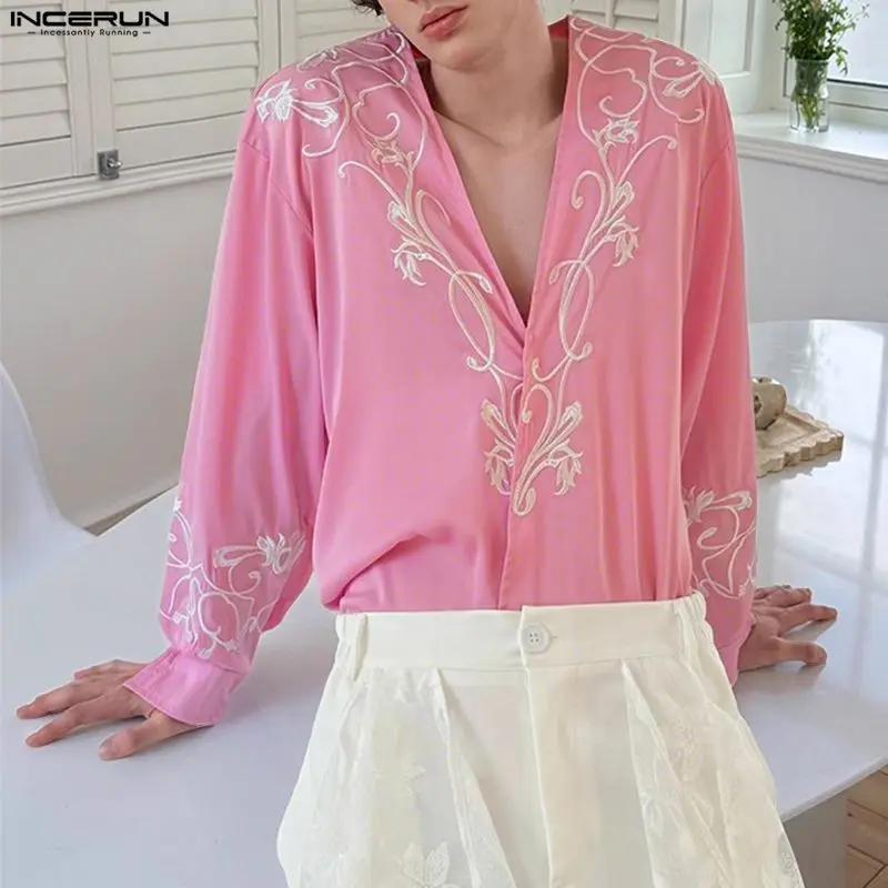 

INCERUN Мужская рубашка с глубоким v-образным вырезом и длинным рукавом с вышивкой, повседневная мужская одежда, уличная одежда, свободные модные мужские рубашки Camisa S-5XL