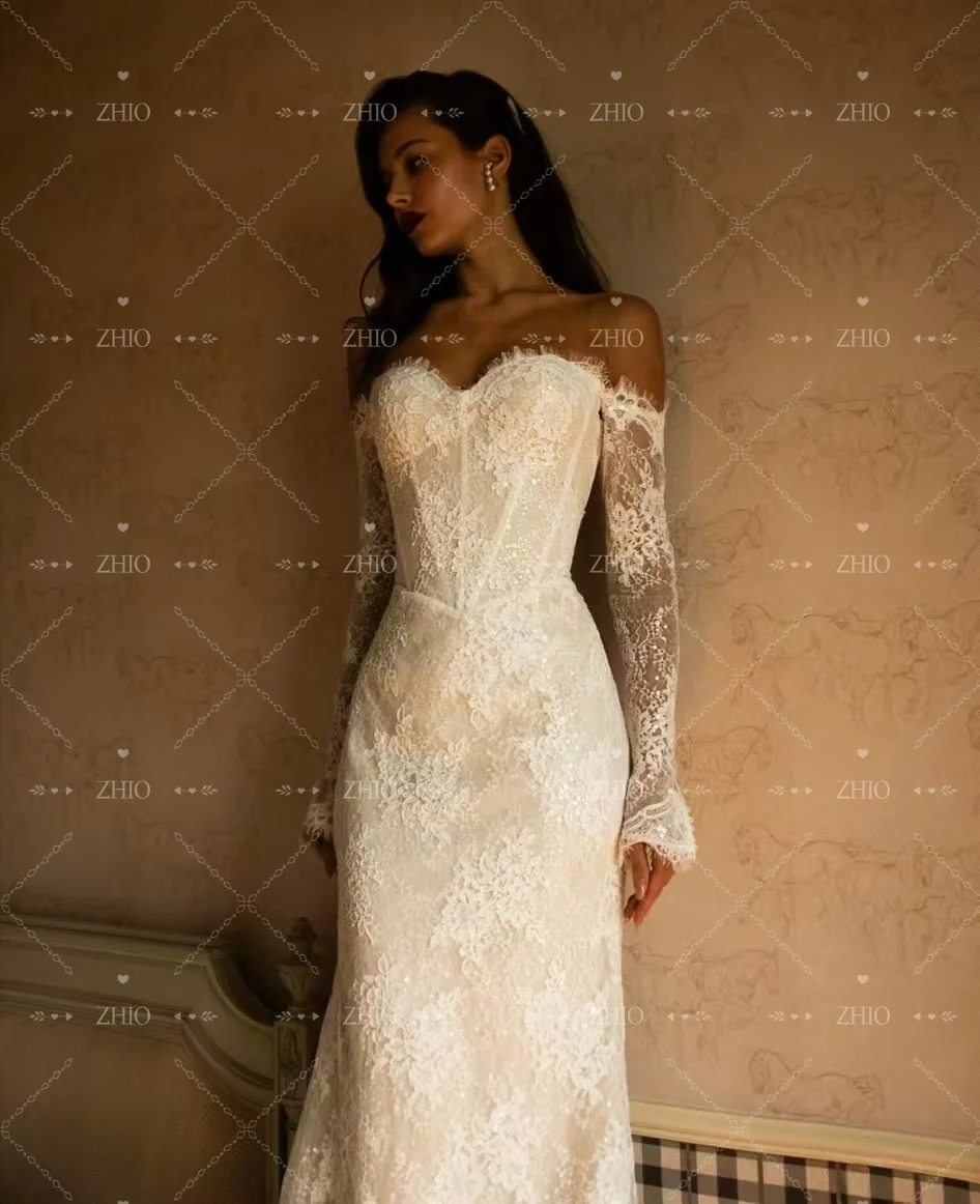 ZHIO خمر العاج الدانتيل فستان الزفاف الحبيب قبالة الكتف حورية البحر سويب تراين فستان زفاف Cutsomzied فاخر Vestido de novia