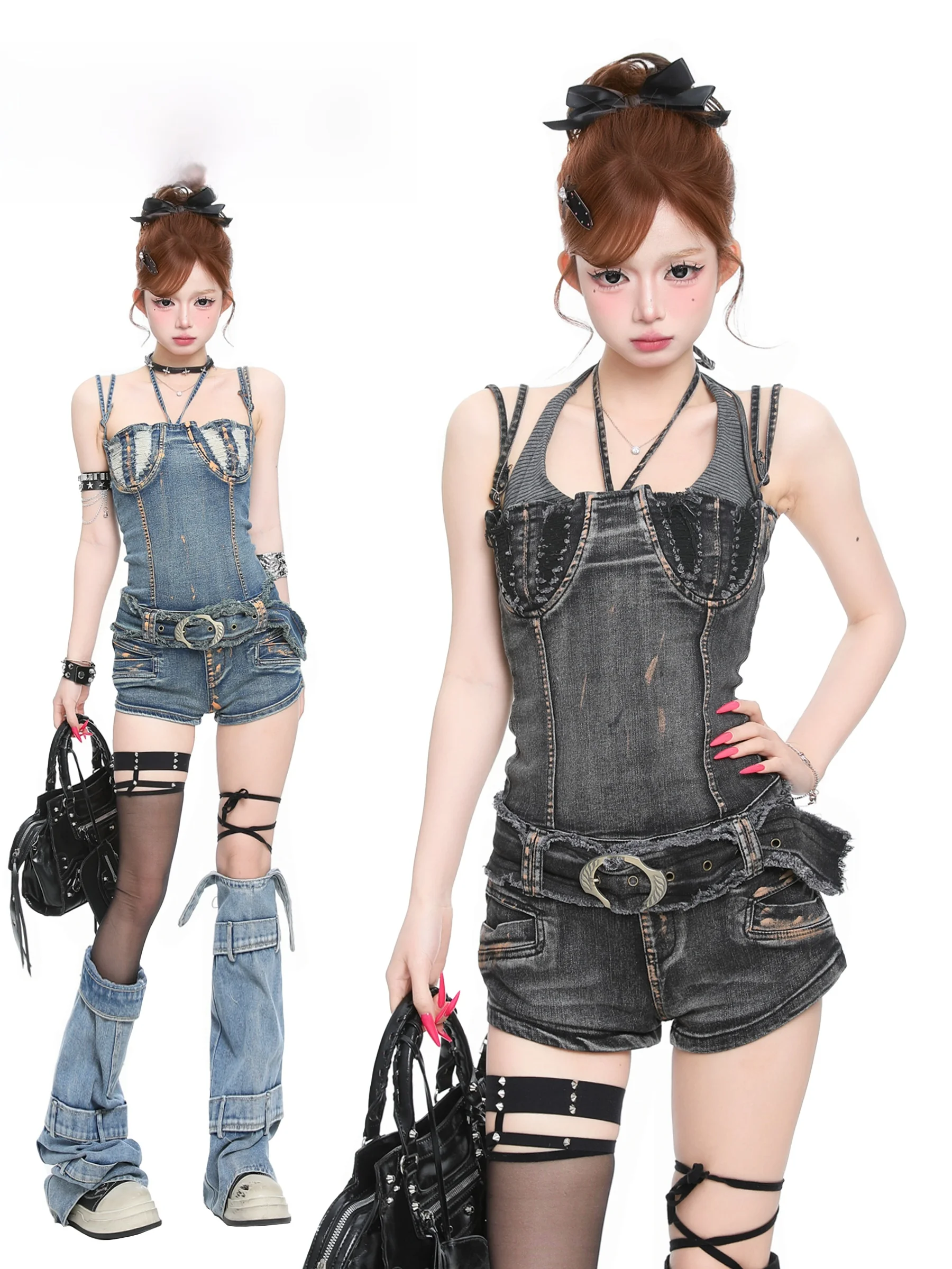 

Basterds American Sle Sexy or Denim Jumpsuit Women Summer Slimming High Waist Cotton Blend Hole Punch Ne Hanging Strap