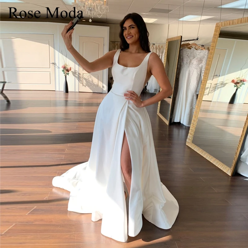 Rose Moda Square Neck Simple Satin A Line Wedding Dresses with High Slit Destination Bridal Gown Real Photos