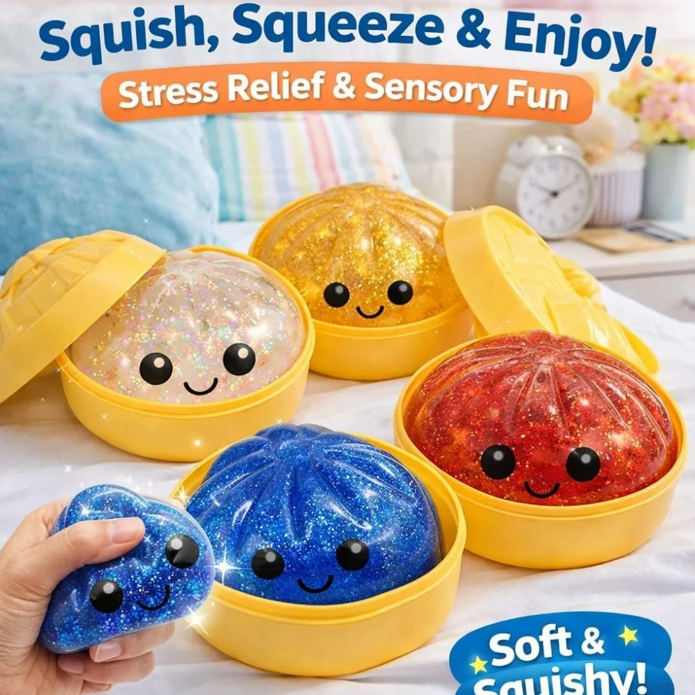 Glitter Dumpling Squishies, Upgrade Squishy Dumplings Stress Balls, Soft Squeezy Dough Ball with Steamer Stress Relief Desk Toy