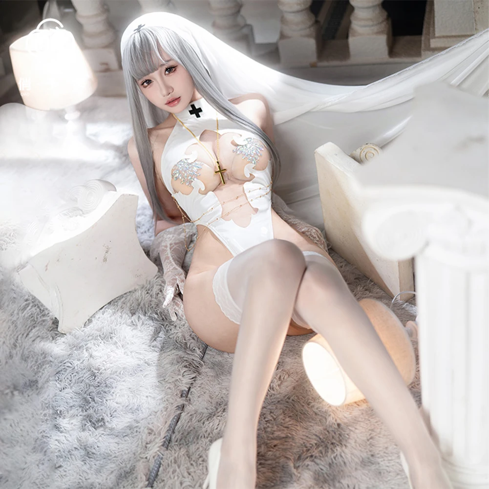 Neue Heiße Sexy Anime Mädchen Heilige Nonne Uniform Kampf Outfit Kleidung Hochzeit Schleier Hohl Body Cosplay Kostüme Mit Nippel Abdeckungen