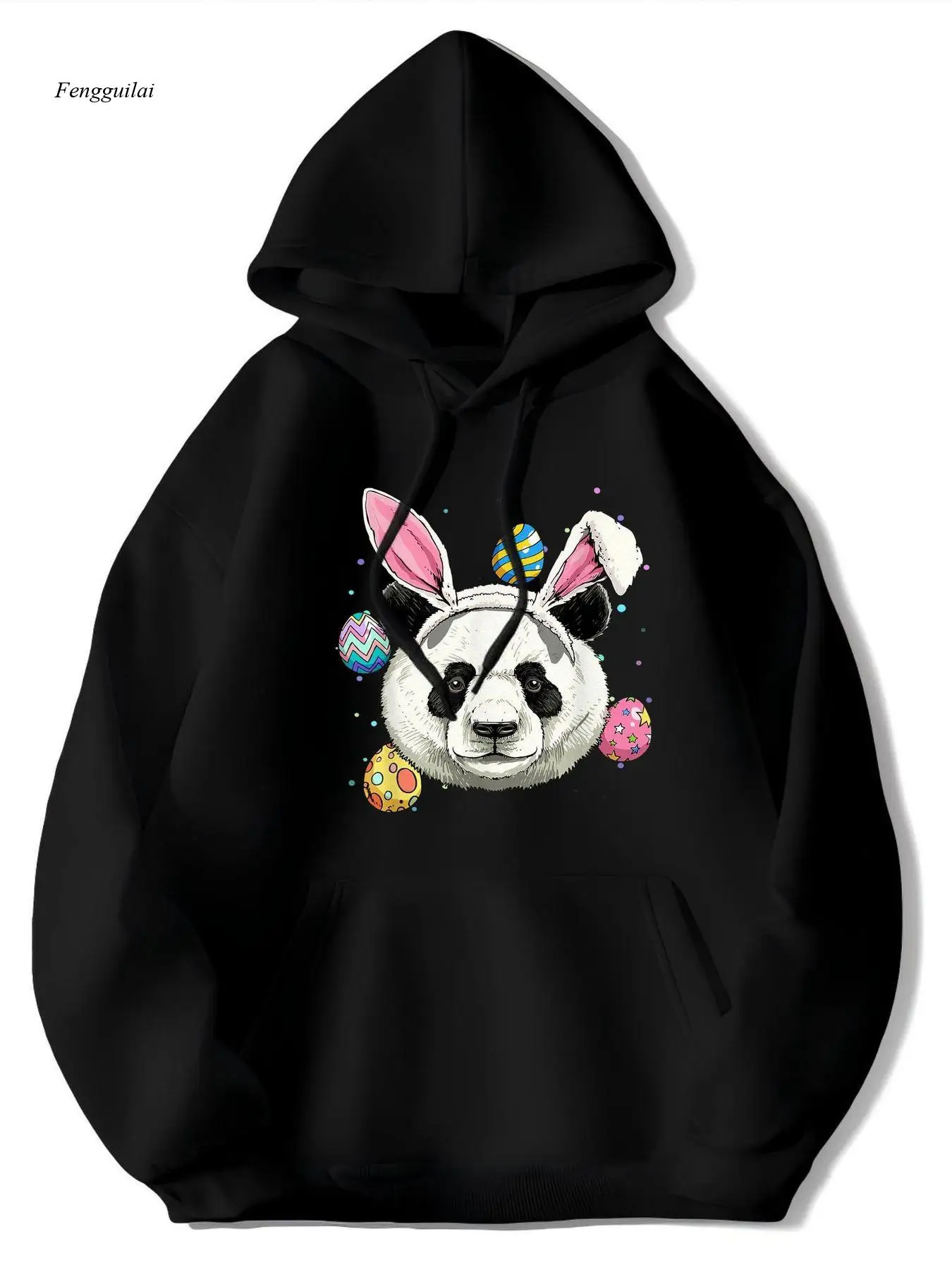 لطيف عيد الفصح لقلنسوة الباندا |   سويت شيرت بلوفر للجنسين مع آذان أرنب وطباعة بيضة عيد الفصح، نسيج ناعم قابل للتمدد