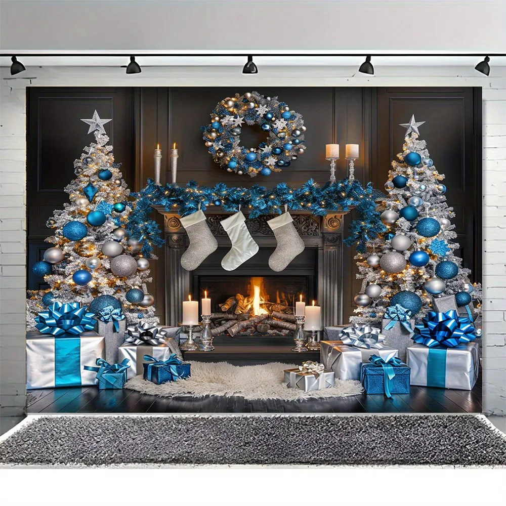 Blue and white Christmas fireplace toy gift box, Christmas tree background cloth, party decoration background props