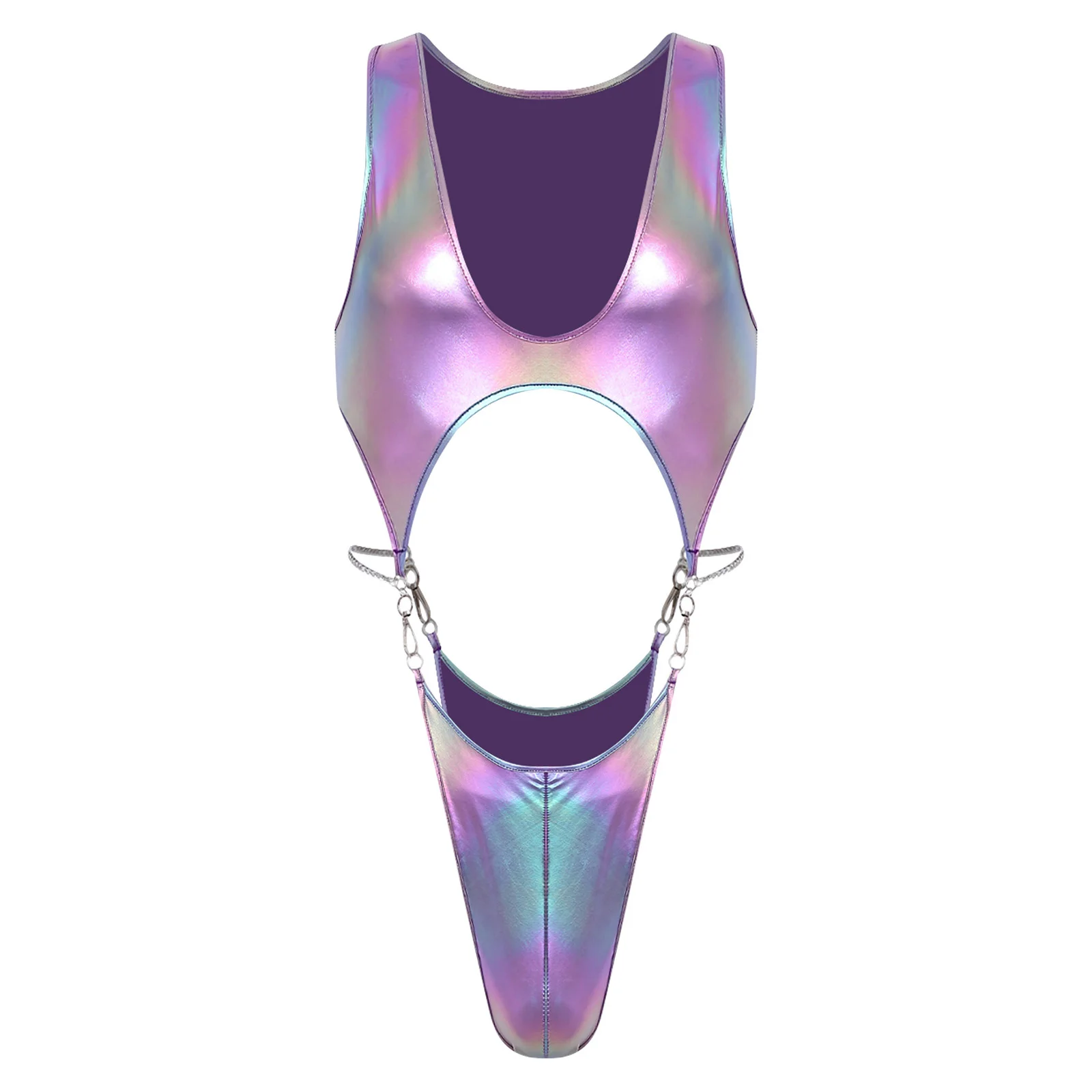 

Мужской иридисцентный металлический боди-костюм для танцев на пилоне, без рукавов, с пуговицами на промежности, сексуальный купальник с вырезами, клубная одежда, купальник для плавания