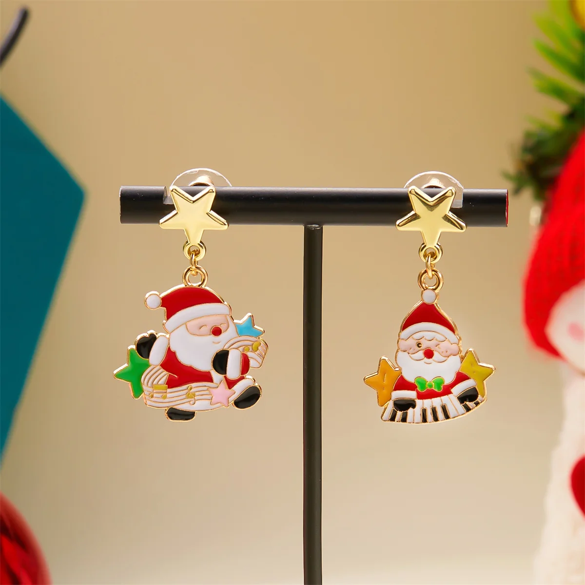 

Cute Cartoon Christmas Santa Claus Playing Piano Asymmetrical Earrings For Women New Year Xmas Tree Deer Snowman Earring Jewelry
