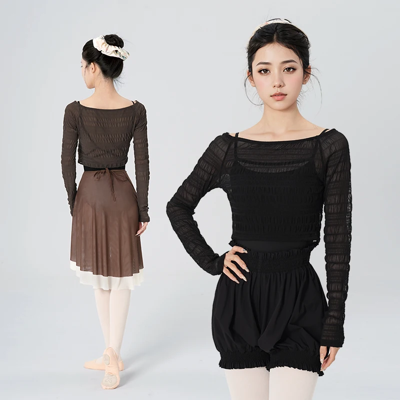 Ballet Top Women Ruffle Sleeve Dance Shirt Summer Cropped Fitted Dancewear
