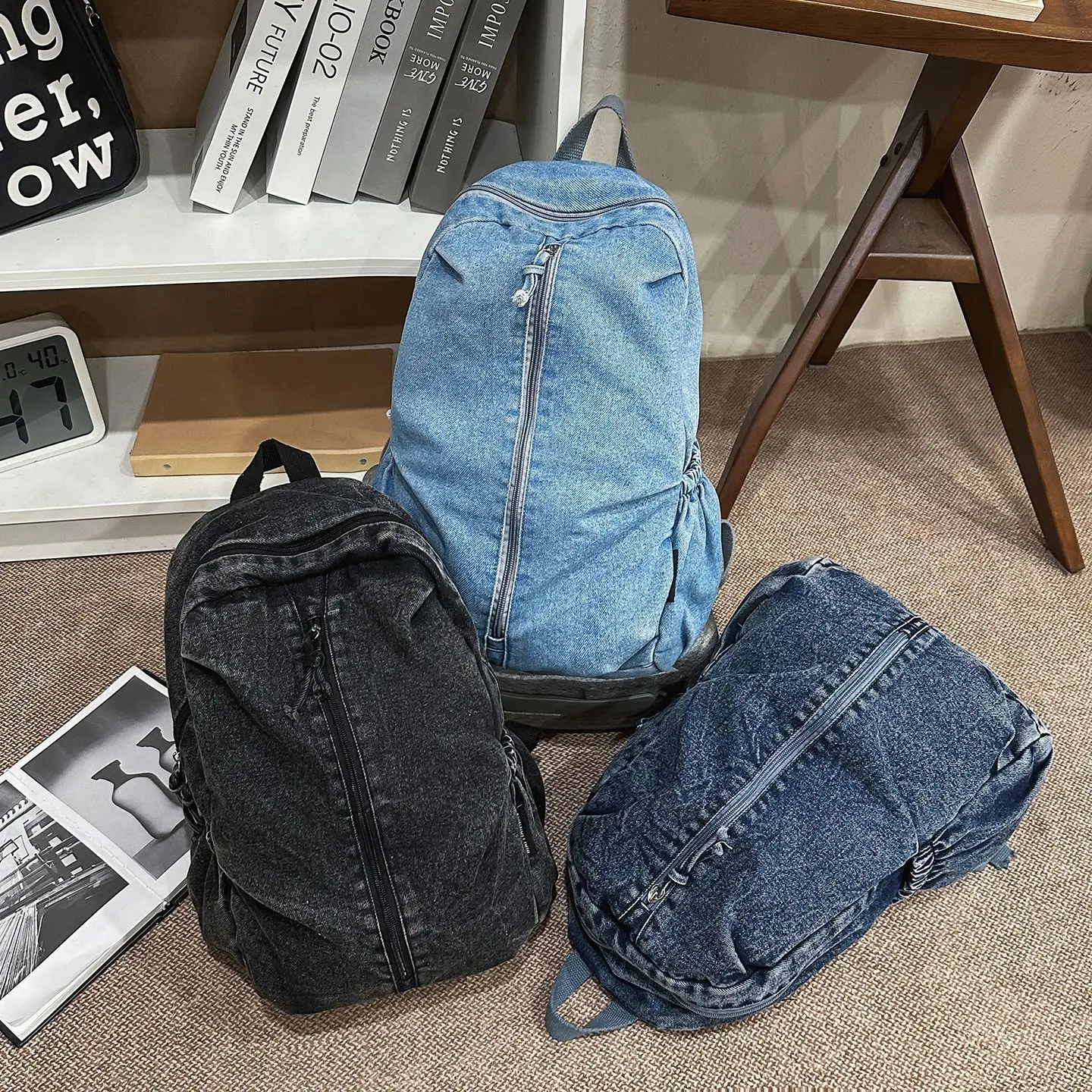

Студенческая школьная сумка большой вместимости, однотонный джинсовый прочный дорожный рюкзак в стиле ретро для путешествий на открытом воздухе