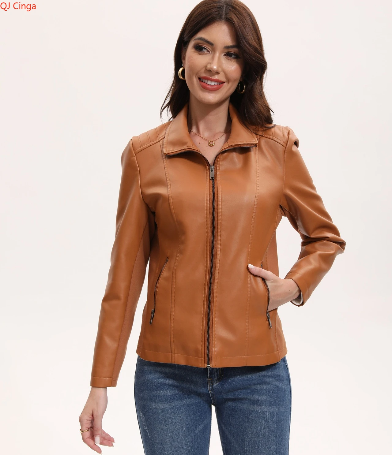 سترة نسائية من البولي يوريثان باللون العنابي مع ياقة طية صدر السترة، معطف أنيق كاجوال من الجلد الصناعي الأسود، معطف كاكي مرقع.