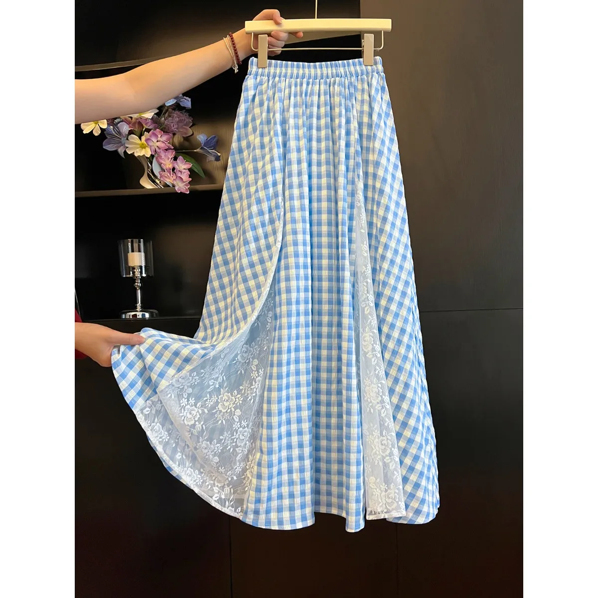 Retro Forest System Slimming Versatile Lace Trim Splicing Blue Plaid Half Skirt Elastic Waist Slim A-Line Long Skirt