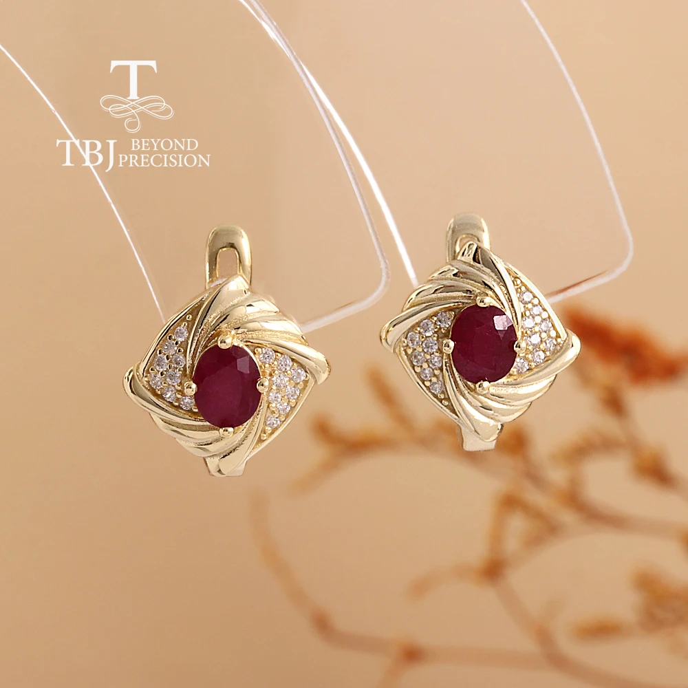 

Women's Rhombic Design 925 Sterling Silver Yellow Earrings Natural Ruby Oval 4*5mm Real Gemstone Fine Jewelry Valentine's Gift