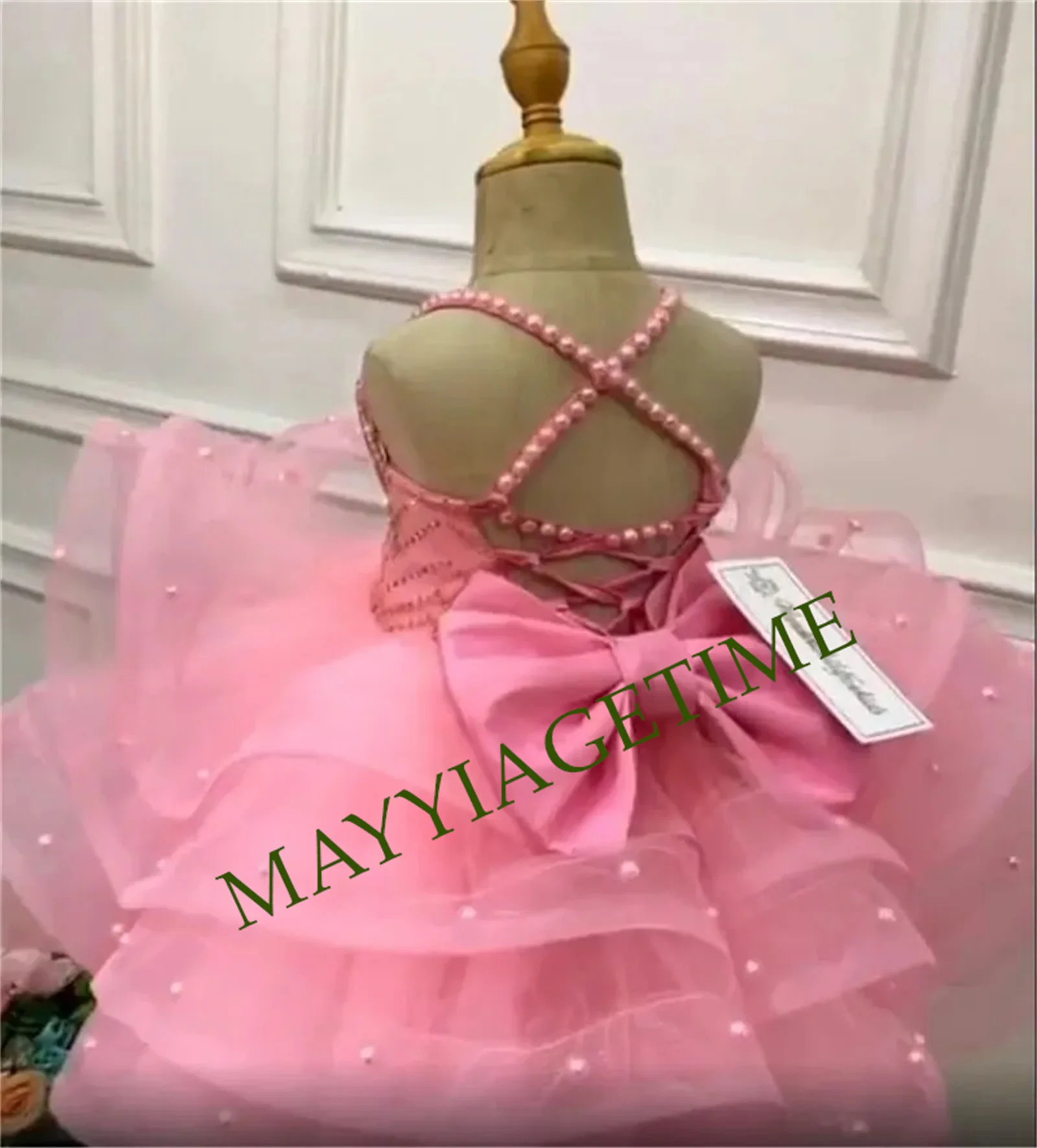 Vestido de flor em camadas rosa para menina, suspensórios, aplique pérola, beading, vestido de festa, vestido de natal infantil, casamento