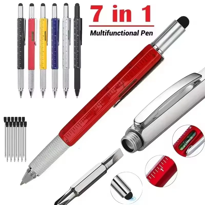 New 7-in-1 Multifunction Ballpoint Pen With/Without 10Pcs Refills CM/Inch Measure Ruler Screwdriver Screen Stylus Spirit Level