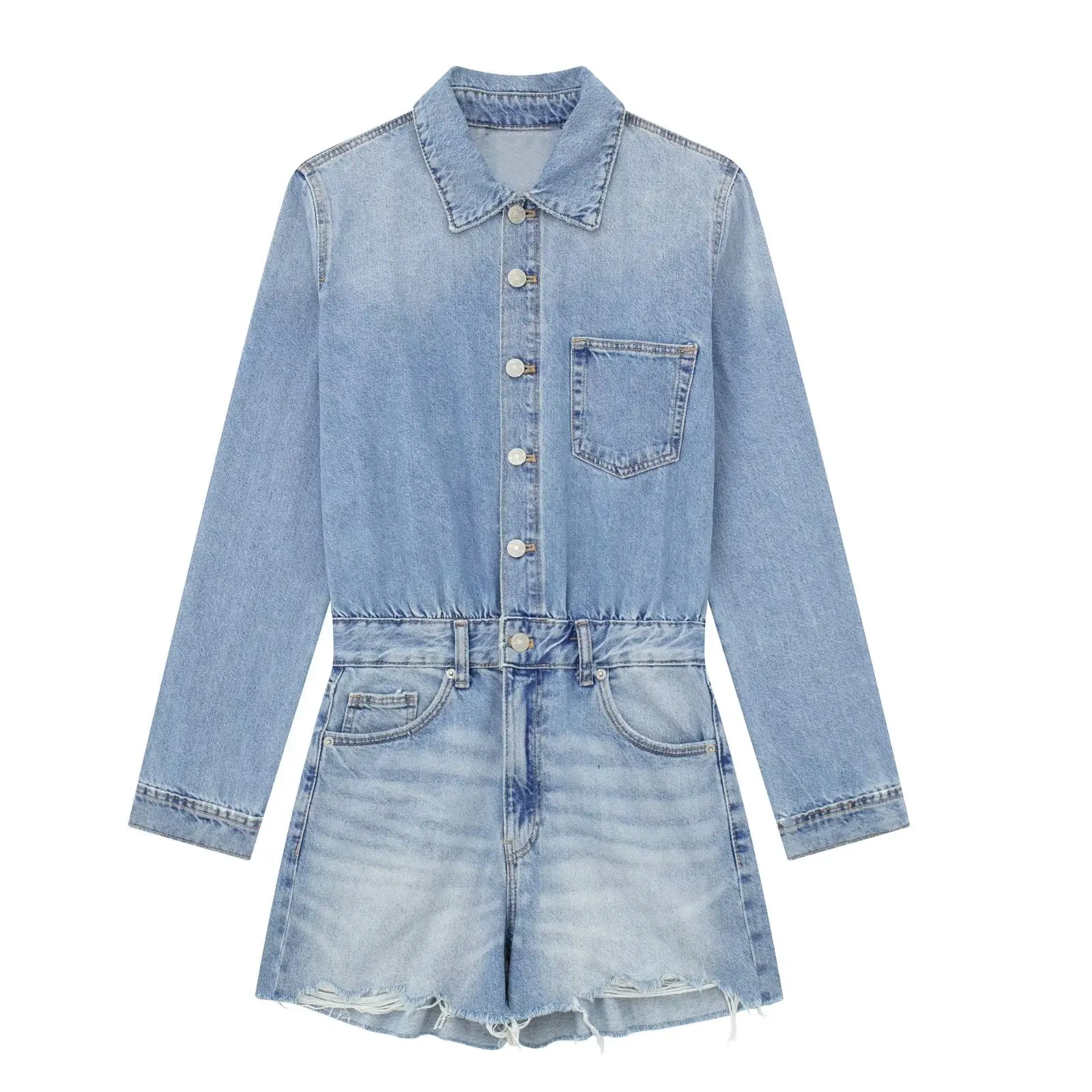 Playsuits jeans vintage feminino, macacão curto, shorts de borda crua, gola virada para baixo, manga comprida, tudo combinado, moda, primavera, verão