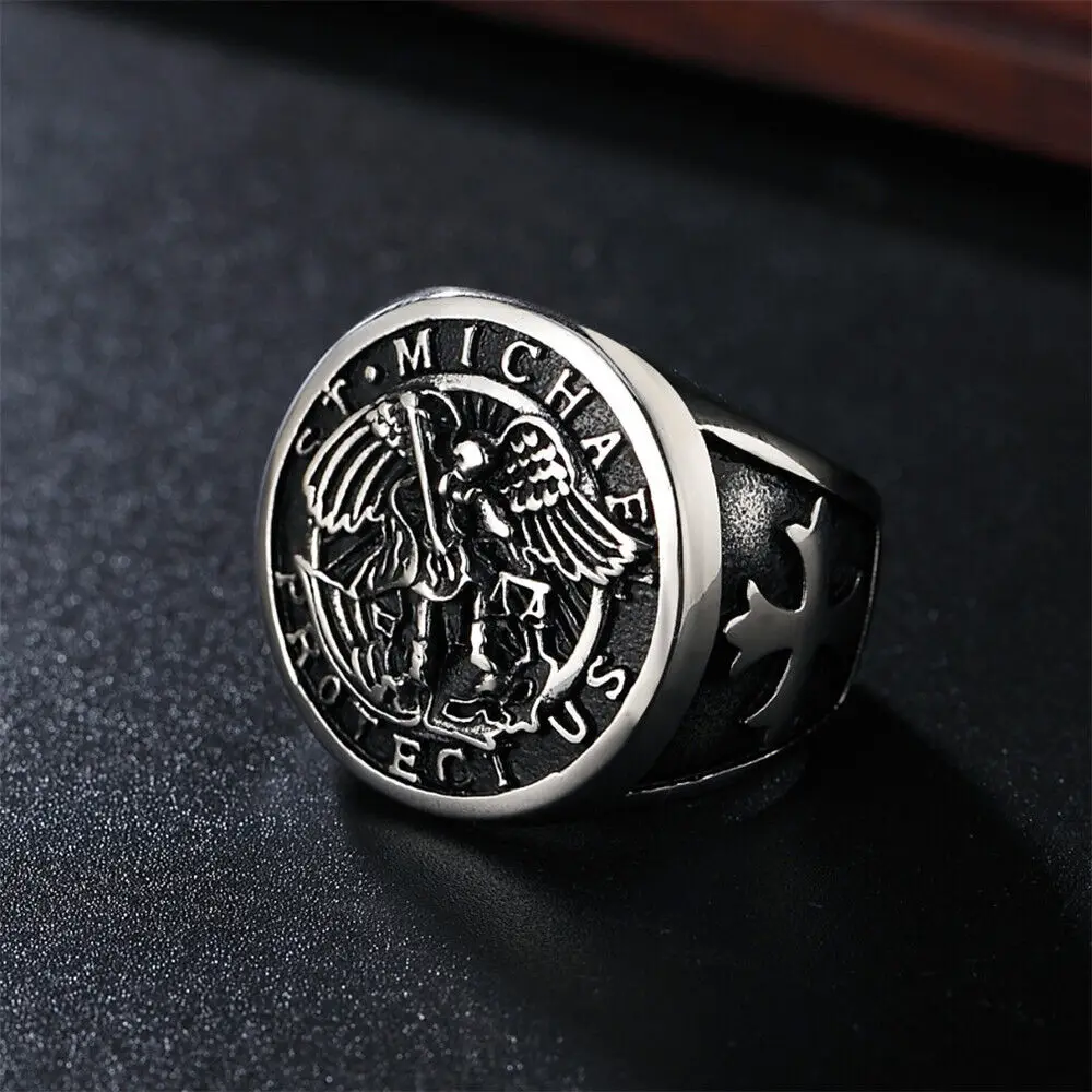 Mens Stainless Steel Catholic Archangel St Saint Michael Ring Size 7-15 view 3