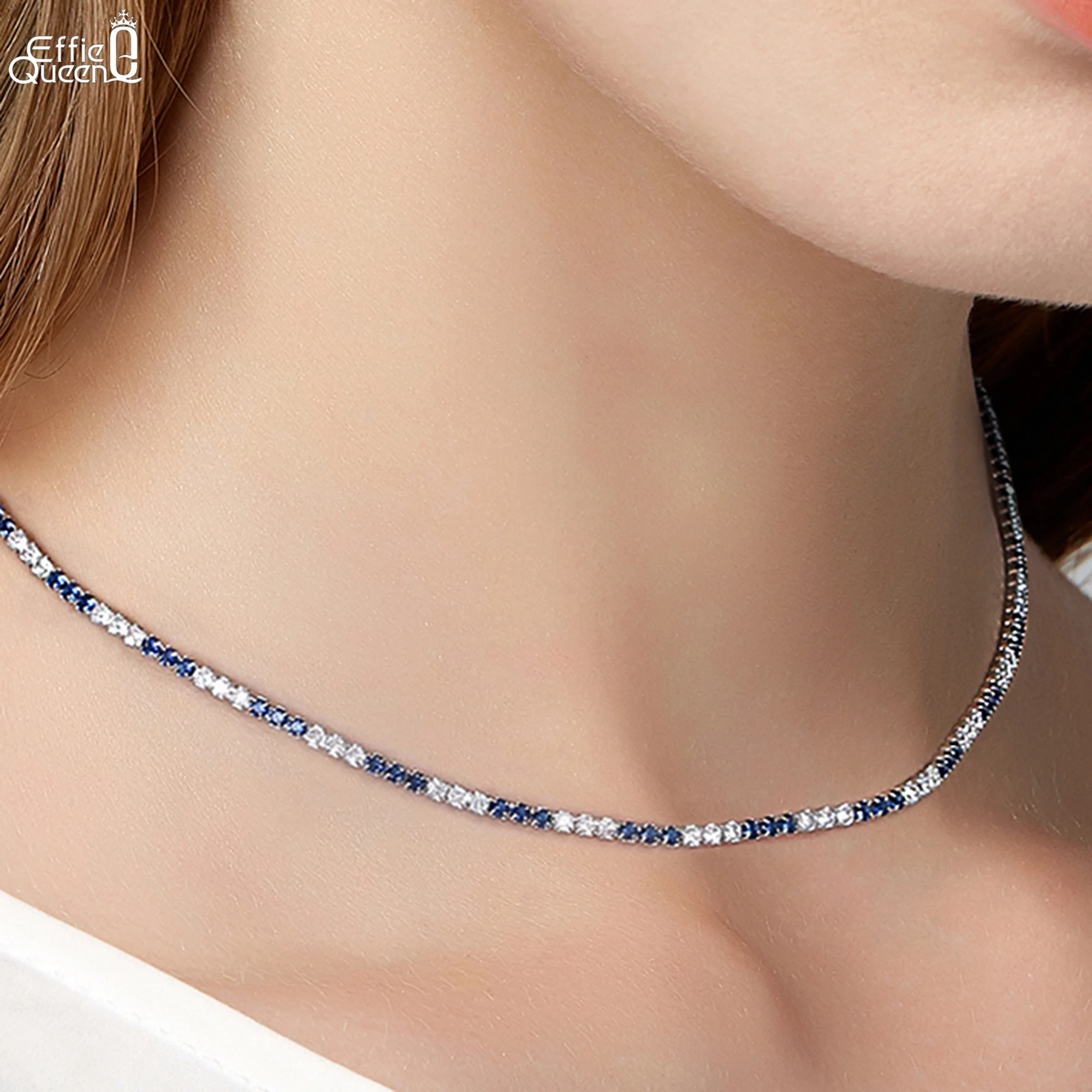 

Effie Queen из твердого серебра 925 пробы с круглым вырезом из циркония, теннисная цепочка-колье, ожерелье, роскошные ювелирные изделия для женщин, мужчин, банкет SC49