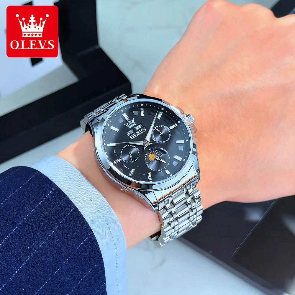 OLEVS Top Brand Men's Watches Trend Fashion Fine Steel Original Automatic Mechanical Wristwatch Moon Phase Calendar Luminous New