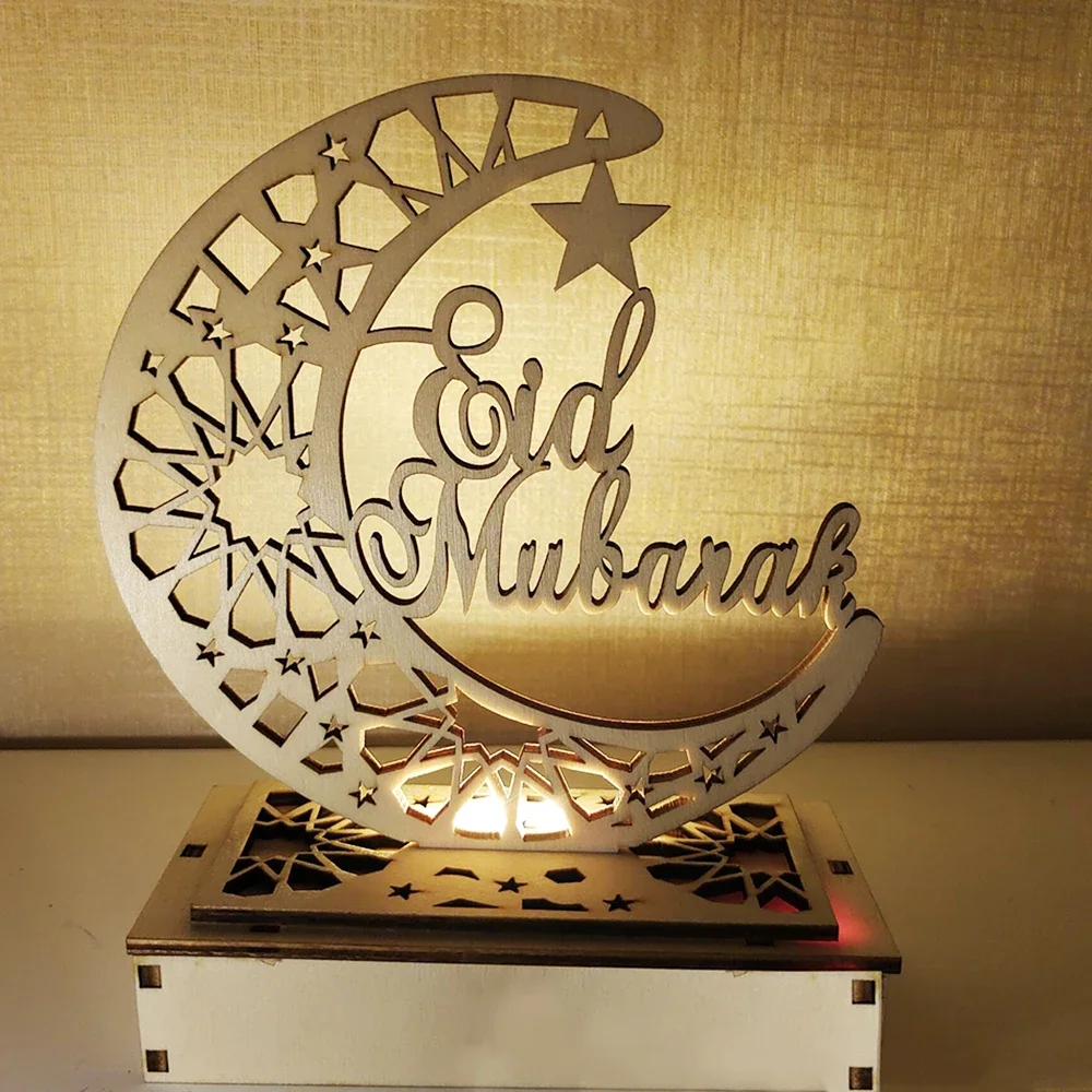 Eid Mubarak Holz-LED-Lampe Schreibtisch-Deko Ornament Licht Eid Kareem Ramadan Holzanhänger Ramadan Mubarak Islamische Muslimische Party