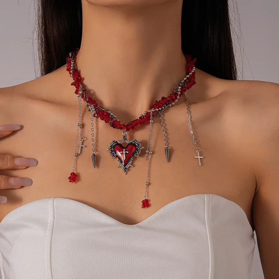 Gothic Red Love Heart Pendant Necklace for Women Gravel Stone Cross Double Layer Choker Necklaces Halloween Party Accessories K