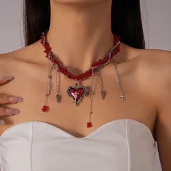 Gothic Red Love Heart Pendant Necklace for Women Gravel Stone Cross Double Layer Choker Necklaces Halloween Party Accessories K